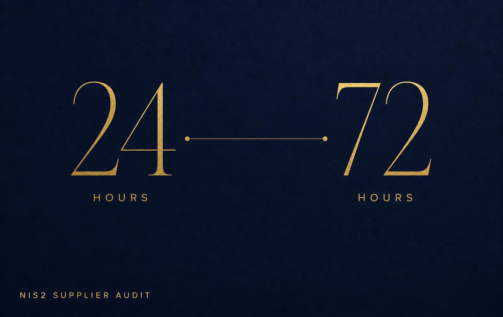 Editorial diagram on a dark navy background: a five-stage NIS2 supplier audit timeline with 24 hour and 72 hour reporting markers above three columns of evidence areas covering governance, security controls and operational resilience